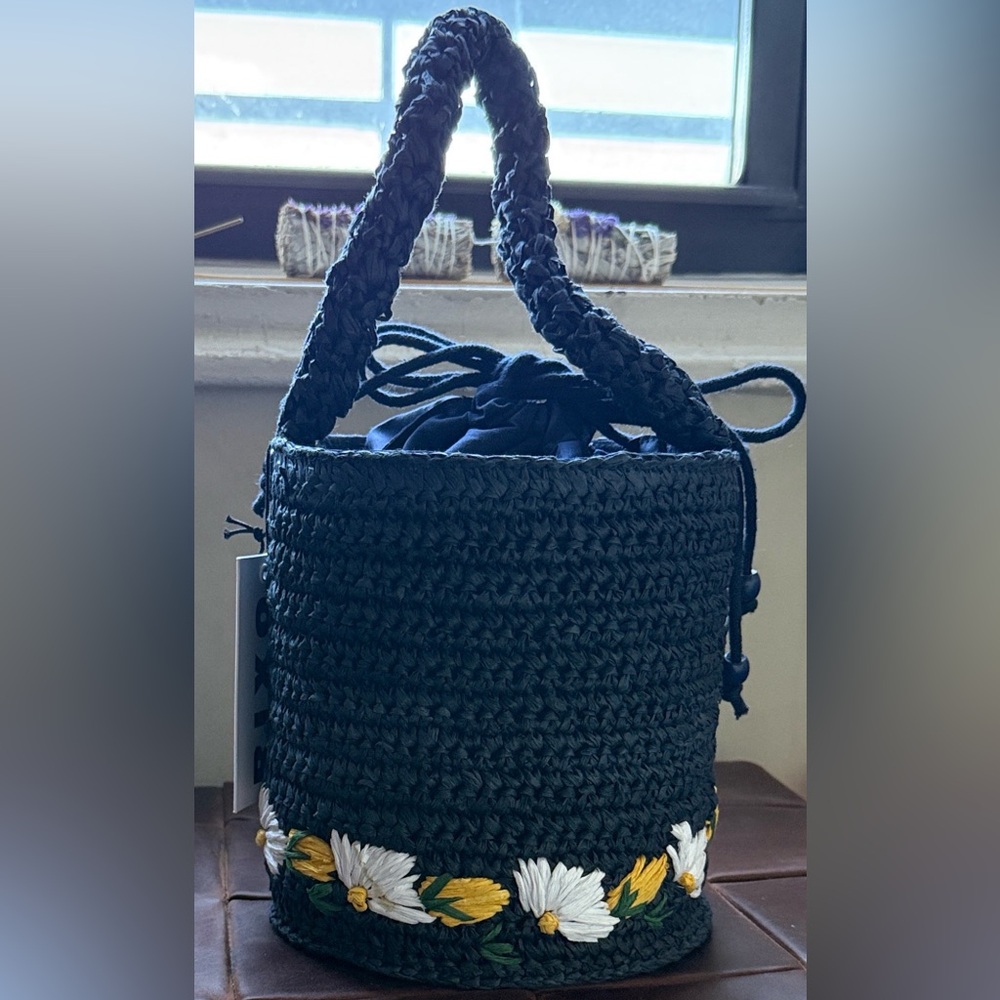 Handcrafted RIXO navy raffia Crochet Bucket Bag purse with flower Embroidery